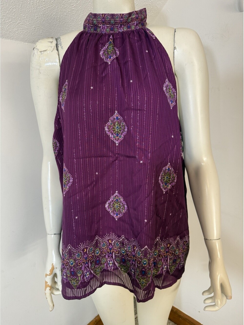 Loft New Womens XL Sleeveless Halter Blouse Burgundy Floral Print Tie Neck Lined